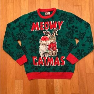 Christmas Party Sweater Green Red Cute Cat Meowy Catmas Ugly Sweater Large